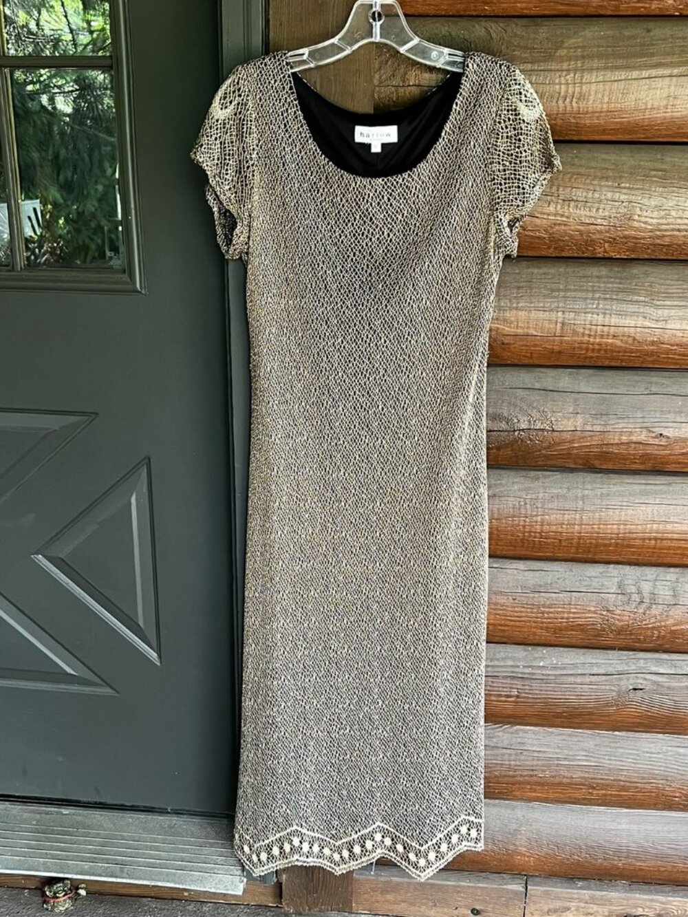 Vtg Harlow Dresses Sparkly Bronze Crochet Formal Dress w/Black Lining, Size 12